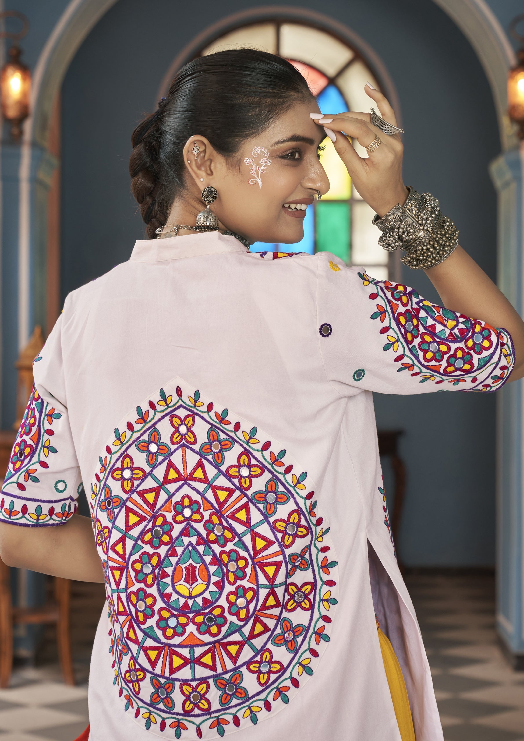 Multi Color Viscose Rayon Embroidered Navratri Lehenga With Jacket